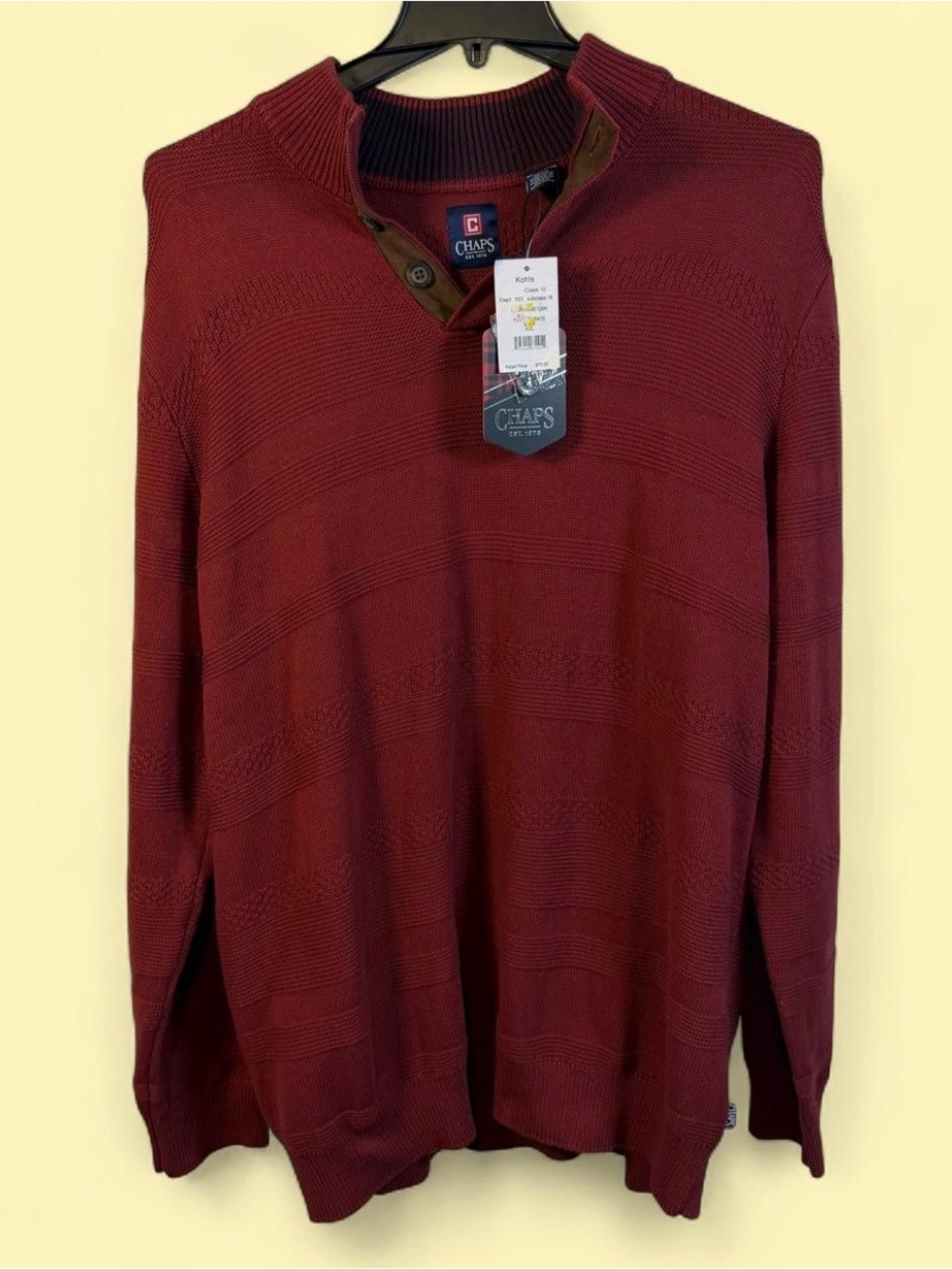NWT-Chaps Men's Wine Zip-Neck Knit Sweater size: XXL